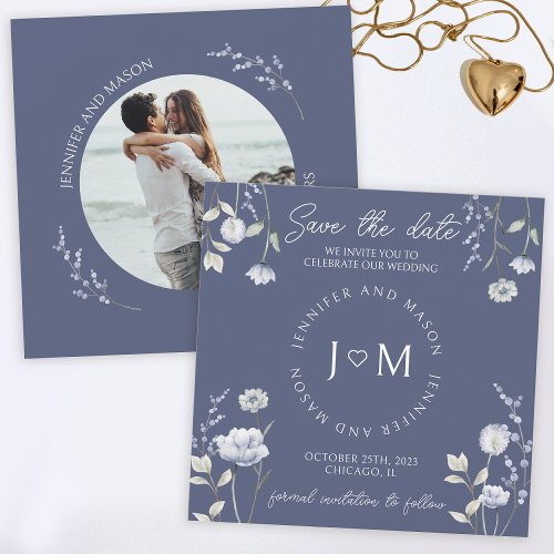 Dusty blue wildflower floral Save the date photo Invitation