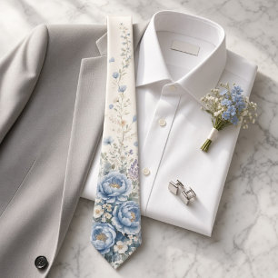 Dusty Blue Wildflower Floral Spring Wedding Men's Neck Tie