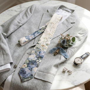 Dusty Blue Wildflower Floral Spring Wedding Men's Neck Tie