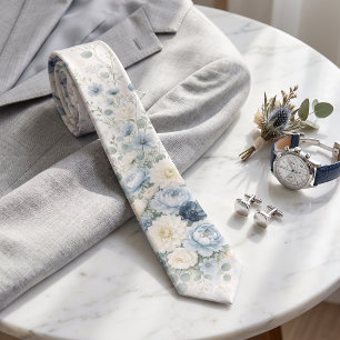 Dusty Blue Wildflower Floral Spring Wedding Men's Neck Tie