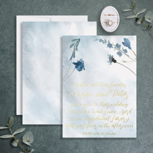 Dusty Blue Wildflower Foil Calligraphy Fine Art Invitation