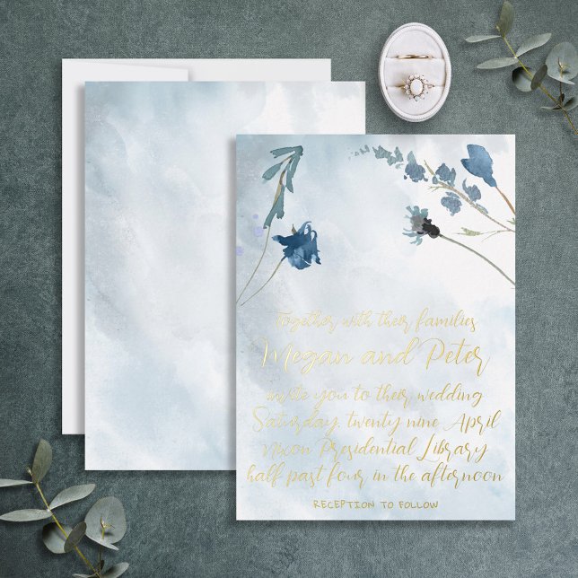 Dusty Blue Wildflower Foil Calligraphy Fine Art Invitation (Creator Uploaded)