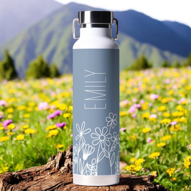 Dusty Blue Wildflower Garden Monogram Name Water Bottle (Creator Uploaded)