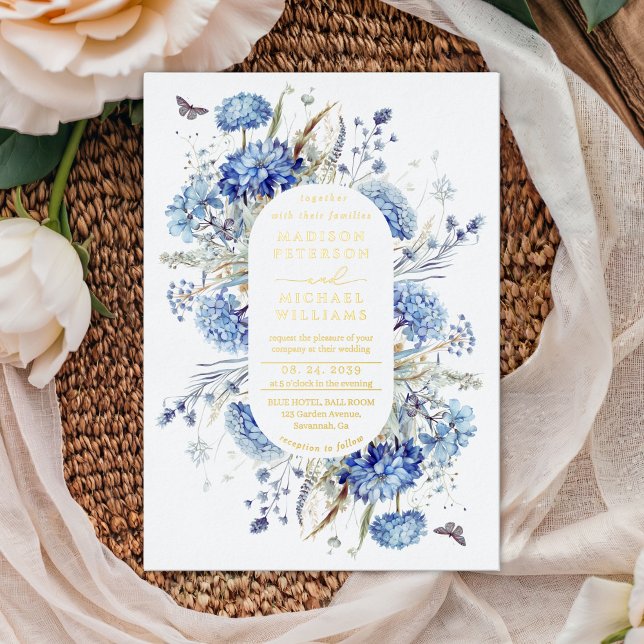 Dusty Blue  Wildflower Garden Wedding Gold  Foil Invitation (Creator Uploaded)