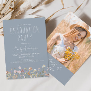 Dusty Blue Wildflower Graduation Party Boho Bloom Invitation