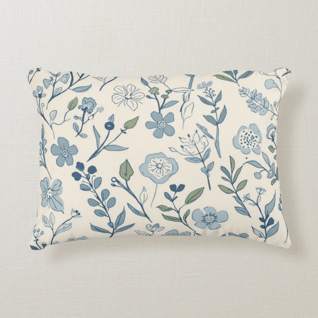Dusty Blue Wildflower Meadow Botanical Pattern Accent Pillow (Front)