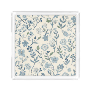 Dusty Blue Wildflower Meadow Botanical Pattern Acrylic Tray