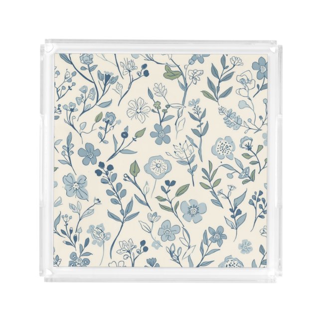 Dusty Blue Wildflower Meadow Botanical Pattern Acrylic Tray (Front)
