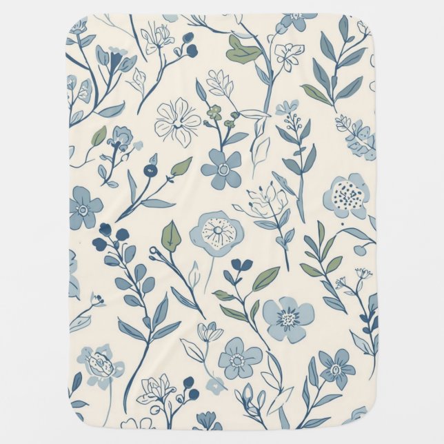 Dusty Blue Wildflower Meadow Botanical Pattern Baby Blanket (Front)