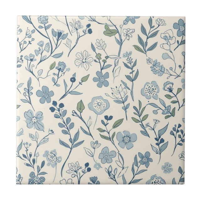 Dusty Blue Wildflower Meadow Botanical Pattern Ceramic Tile (Front)