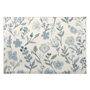 Dusty Blue Wildflower Meadow Botanical Pattern Cloth Placemat