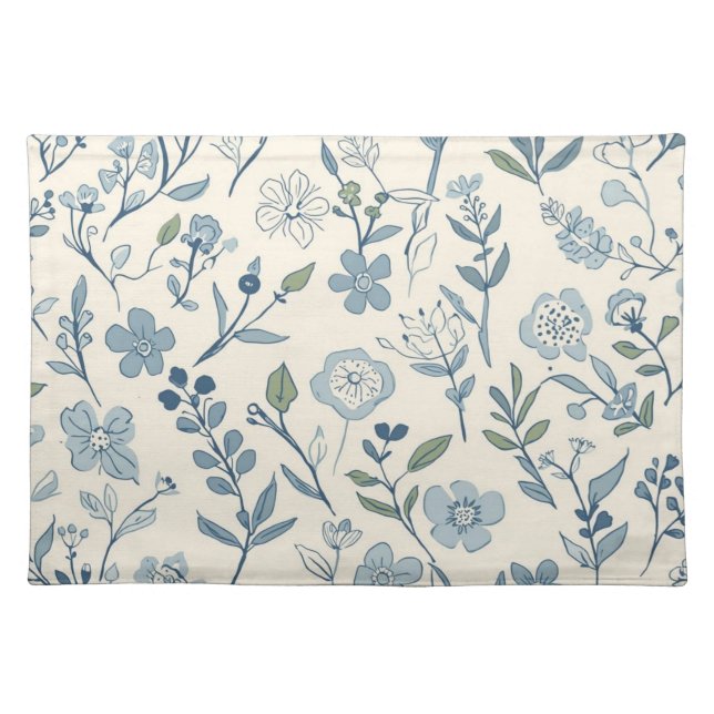 Dusty Blue Wildflower Meadow Botanical Pattern Cloth Placemat (Front)