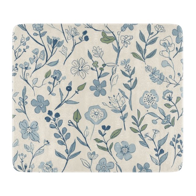 Dusty Blue Wildflower Meadow Botanical Pattern Cutting Board (Front)