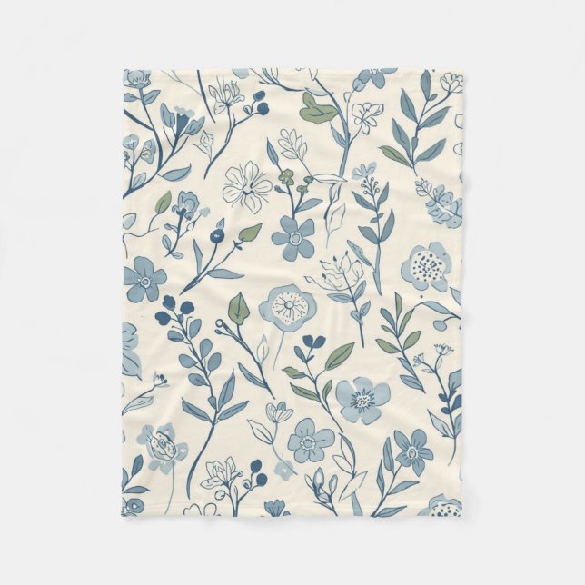 Dusty Blue Wildflower Meadow Botanical Pattern Fleece Blanket (Front)