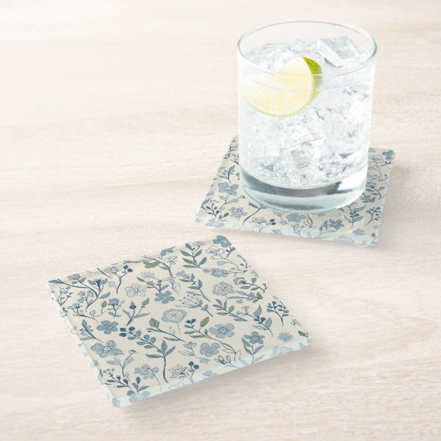Dusty Blue Wildflower Meadow Botanical Pattern Glass Coaster (Angled)