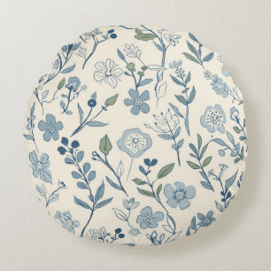 Dusty Blue Wildflower Meadow Botanical Pattern Round Pillow