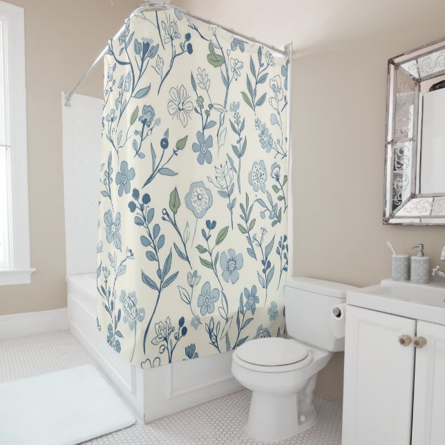 Dusty Blue Wildflower Meadow Botanical Pattern Shower Curtain (In Situ)