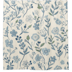 Dusty Blue Wildflower Meadow Botanical Pattern Shower Curtain