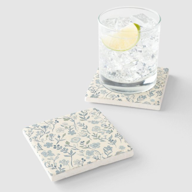 Dusty Blue Wildflower Meadow Botanical Pattern Stone Coaster (Side)