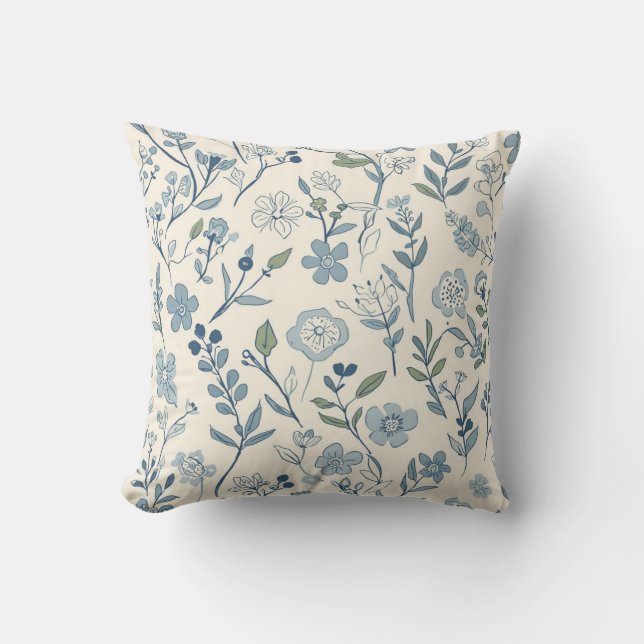 Dusty Blue Wildflower Meadow Botanical Pattern Throw Pillow (Front)