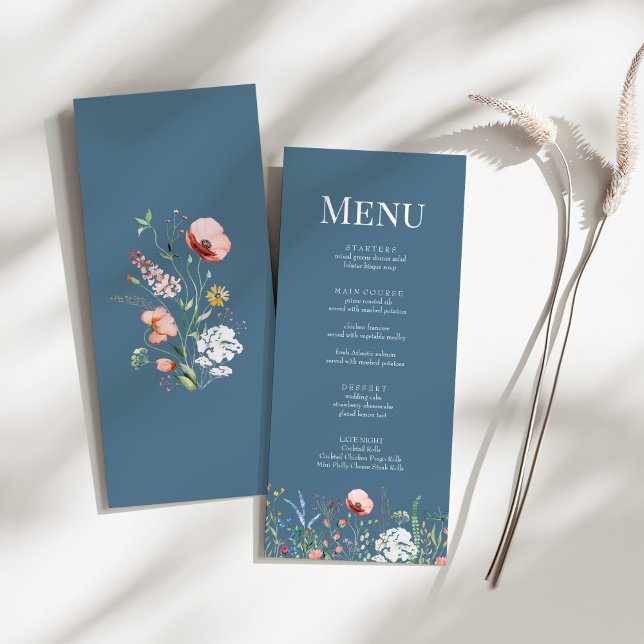 Dusty Blue Wildflower Meadow Wedding Menu Card (Dusty Blue Wildflower Meadow Wedding Menu Card on a sunny white table.)