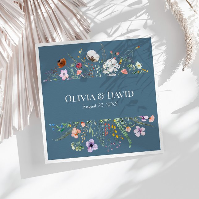 Dusty Blue Wildflower Meadow Wedding Napkins (Dusty Blue Wildflower Meadow Wedding Napkins on a sunny boho white table with neutral dry flowers.)