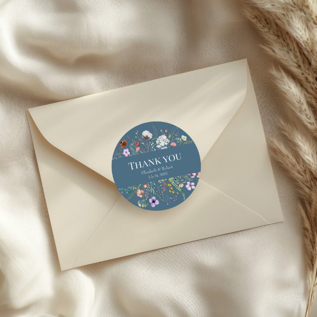 Dusty Blue Wildflower Meadow Wedding Thank You Classic Round Sticker (Dusty Blue Wildflower Meadow Wedding Thank You Classic Round Sticker on a small envelope.)