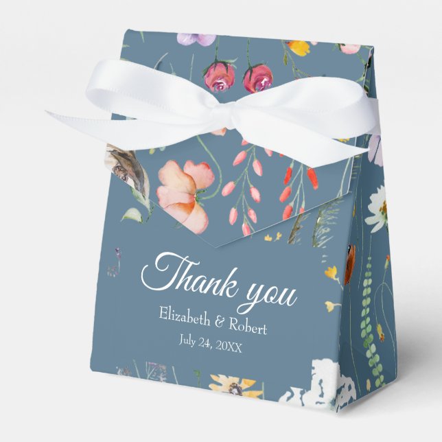 Dusty Blue Wildflower Meadow Wedding Thank You Favor Boxes (Front Side)