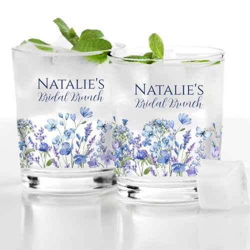 Dusty Blue Wildflower Personalized Bridal Shower Whiskey Glass