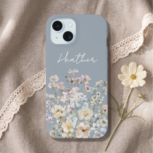 Dusty Blue Wildflower Personalized  iPhone 15 Case