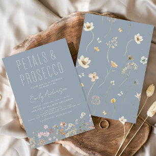 Dusty Blue Wildflower Petals & Prosecco Bridal Invitation