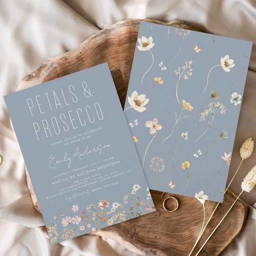 Dusty Blue Wildflower Petals  Prosecco Bridal Invitation