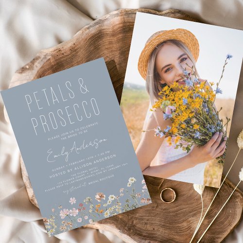 Dusty Blue Wildflower Petals  Prosecco Photo Invitation