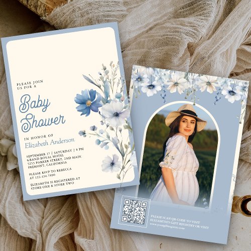 Dusty Blue Wildflower Photo QR Code Baby Shower Invitation