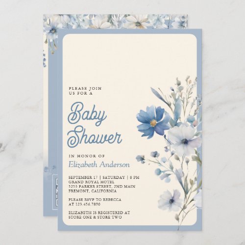 Dusty Blue Wildflower Photo QR Code Baby Shower Invitation