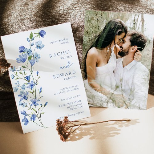 Dusty Blue Wildflower Photo Wedding Invitation