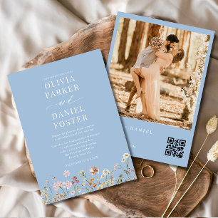 Dusty Blue Wildflower QR Code Photo Boho Wedding  Invitation