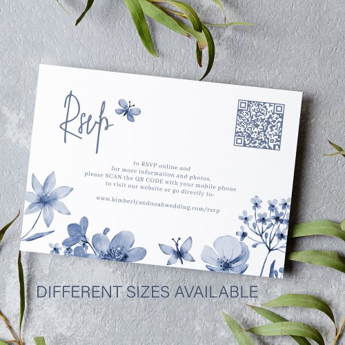Dusty blue wildflower QR code wedding RSVP Enclosure Card