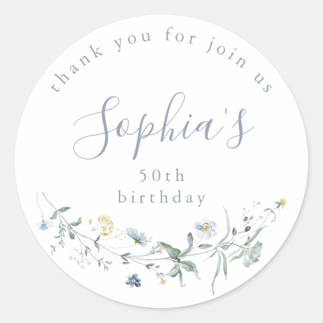 Dusty Blue Wildflower Rustic Boho Birthday Favors Classic Round Sticker (Front)