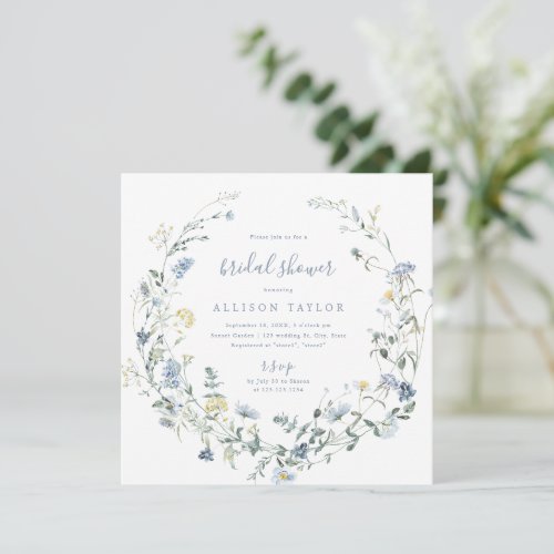 Dusty Blue Wildflower Rustic Boho Bridal Shower Invitation