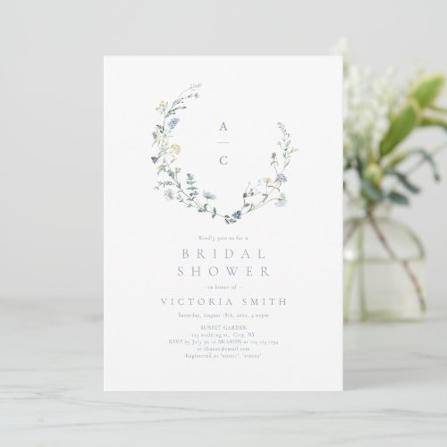 Dusty Blue Wildflower Rustic Boho Bridal Shower  Invitation