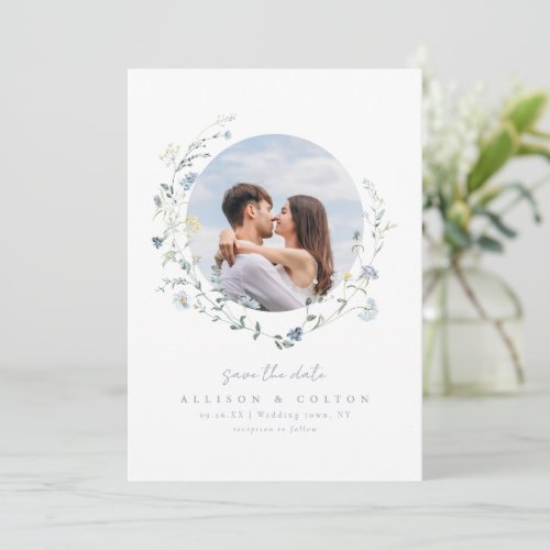 Dusty Blue Wildflower Rustic Boho Couples photo Save The Date