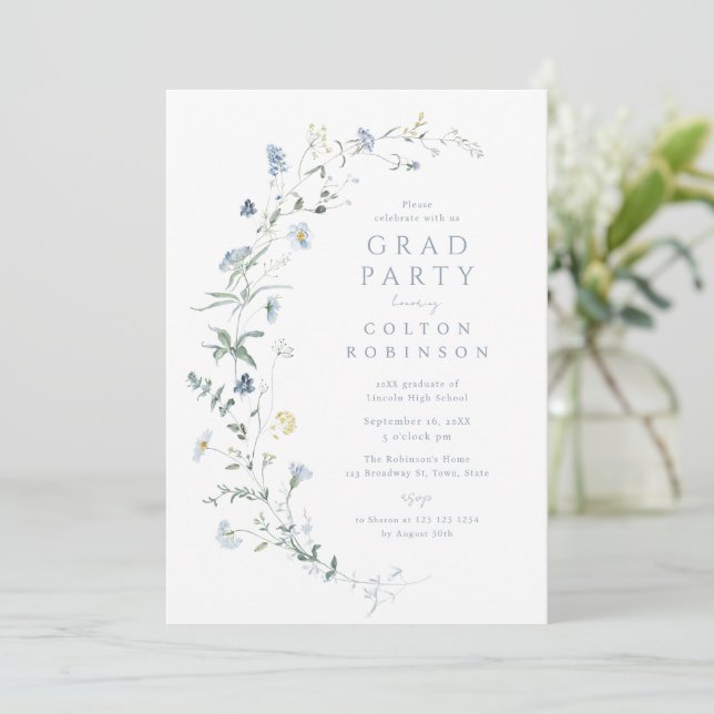 Dusty Blue Wildflower Rustic Boho Graduation Invitation (Standing Front)