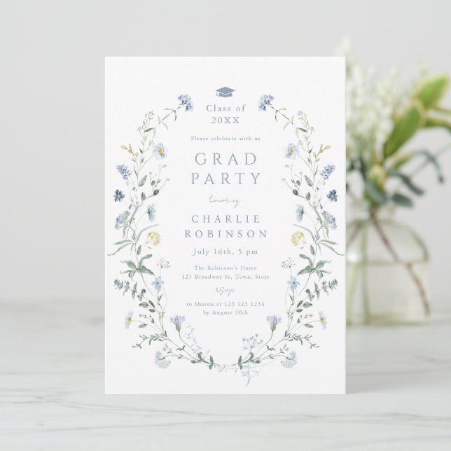 Dusty Blue Wildflower Rustic Boho Graduation Invitation (Standing Front)