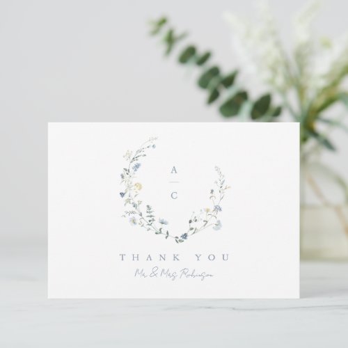 Dusty Blue Wildflower Rustic Boho Wedding monogram Thank You Card
