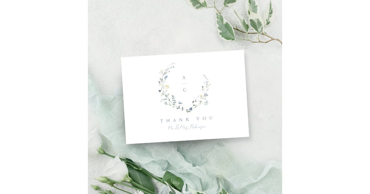 Dusty Blue Wildflower Rustic Boho Wedding monogram Thank You Card | Zazzle