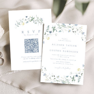 Dusty Blue Wildflower Rustic Boho Wedding Photo Invitation