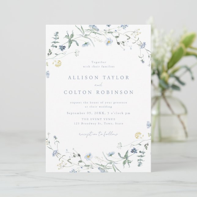 Dusty Blue Wildflower Rustic Boho Wedding Photo Invitation (Standing Front)
