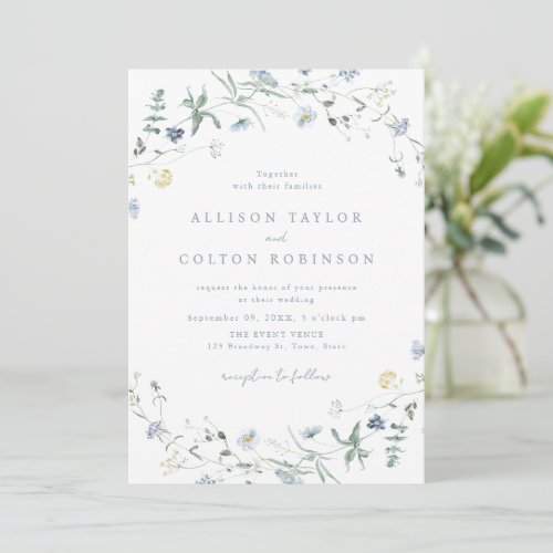 Dusty Blue Wildflower Rustic Boho Wedding Photo Invitation