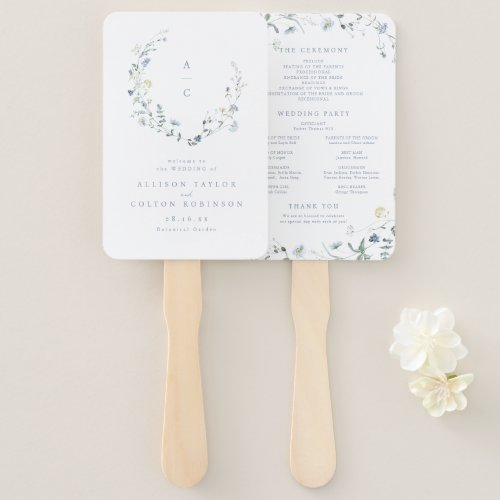 Dusty Blue Wildflower Rustic Boho Wedding Program Hand Fan